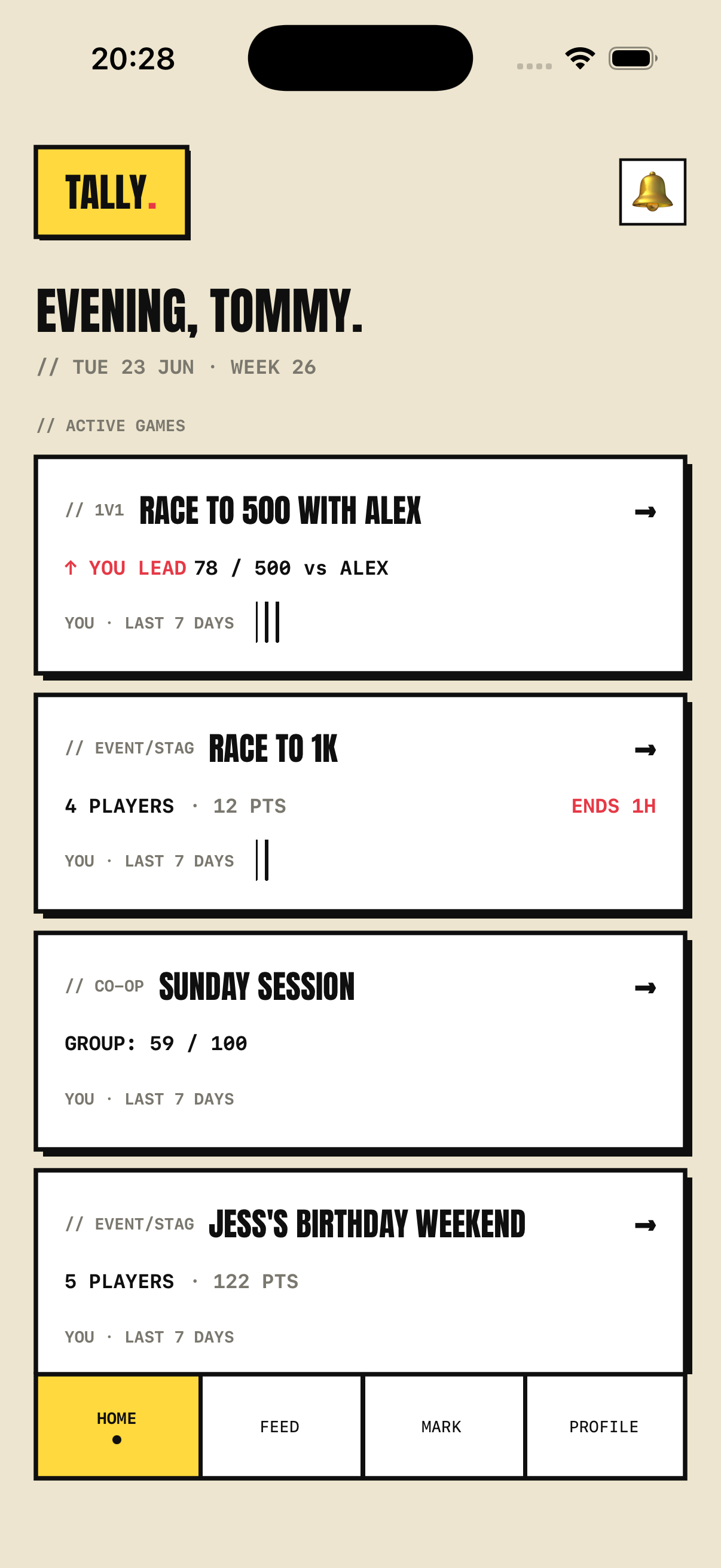 Tally. app screen showing a shared tally counter, adding a mark to a running group total.