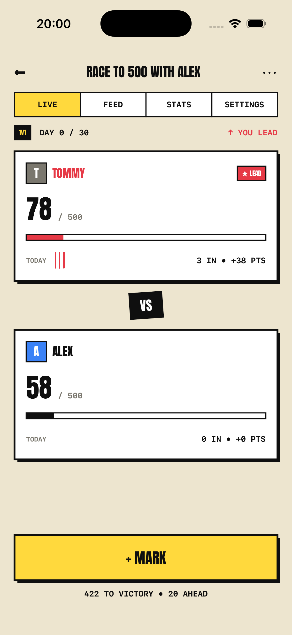 Tally. race screen: two friends racing to a target of 1,000 marks, with each side’s score.