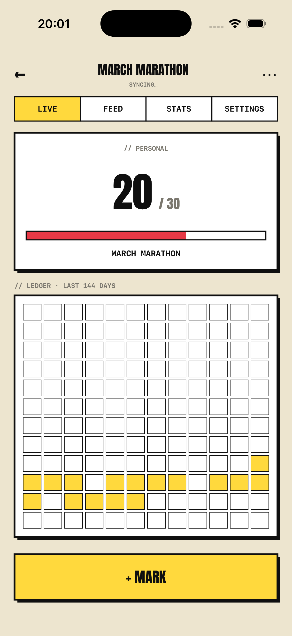 Tally. ledger screen: a dated history of every mark in the tally, laid out as a calendar.